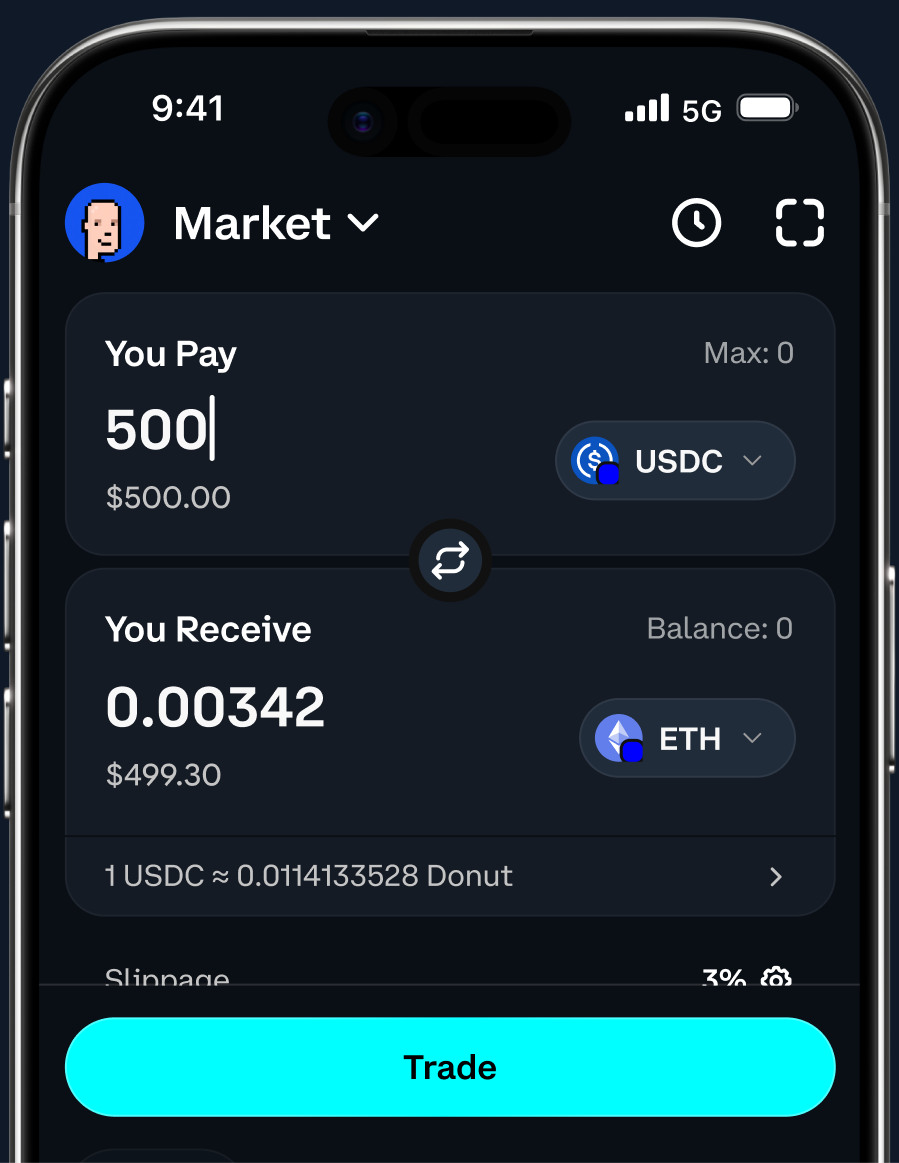 Wallet — a phone showing a Market swap screen