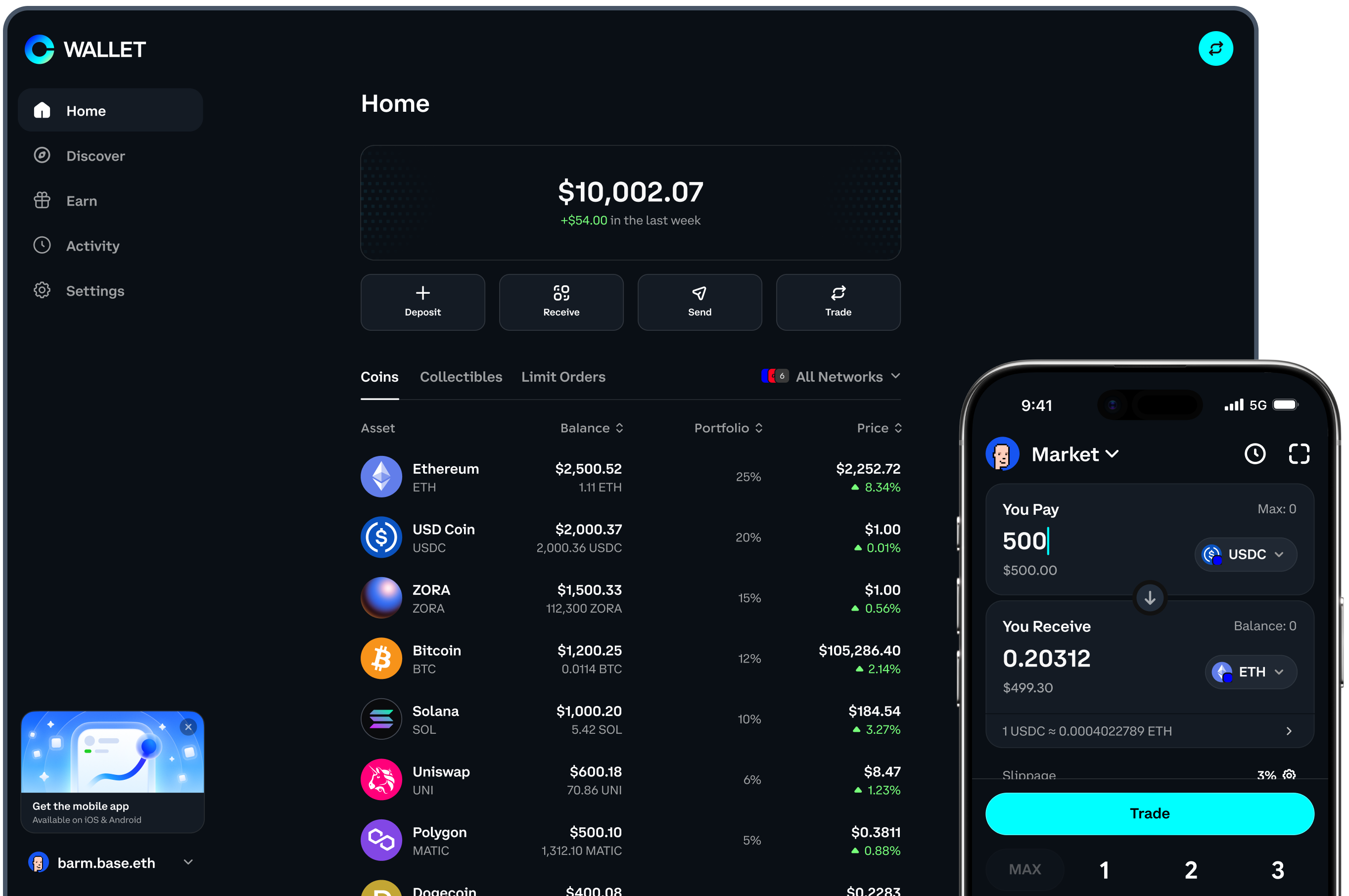 Wallet trading terminal — a portfolio asset list, live Bitcoin candlestick chart, and a phone showing a Market swap screen